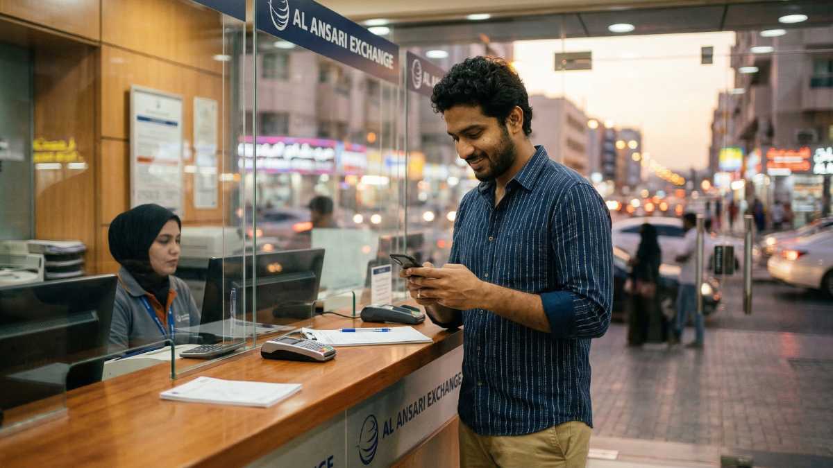 A South Asian man in casual clothing using a mobile phone at an exchange house counter, soft bokeh background of UAE city street through glass, warm evening light. Genuine, human, relatable.