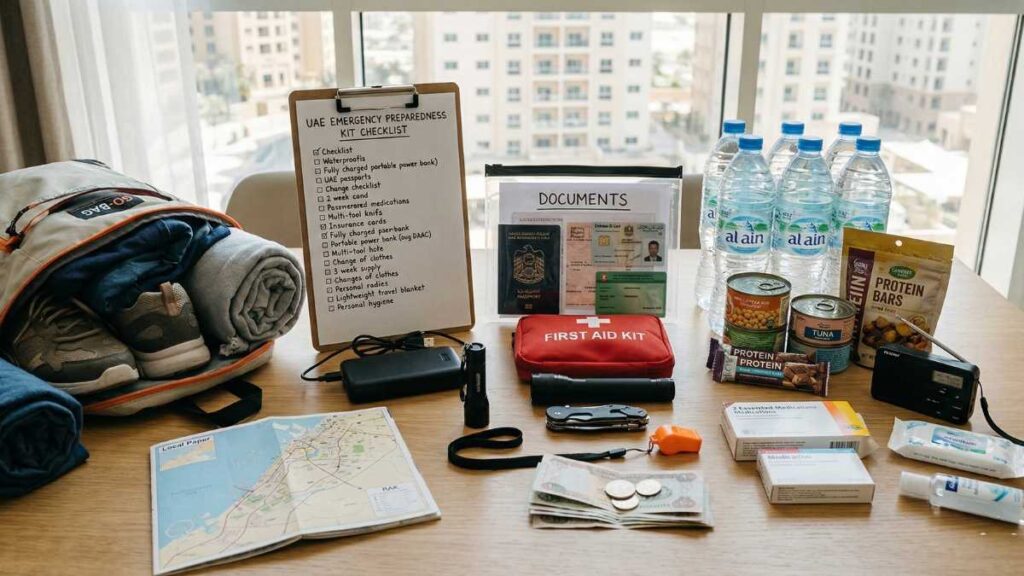 An overhead photograph showing a comprehensive UAE emergency preparedness kit laid out on a wooden table next to a window with a city view. The kit includes a checklist on a clipboard, water bottles, canned food, protein bars, a first aid kit, a flashlight, a multi-tool, a power bank, documents in a clear pouch (passports, Emirates IDs), local currency, maps, and a backpack with clothes and a blanket.