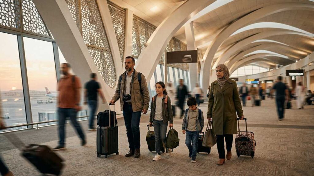 Family with carry-on bags walking through a modern Middle Eastern airport terminal with serious focused expressions
