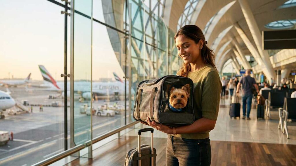 Person holding a small dog in a pet carrier at an airport terminal with natural light coming through large windows